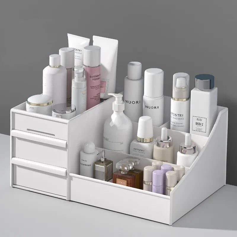 Makeup Organizer – White Cosmetic Storage Shelf with Drawer