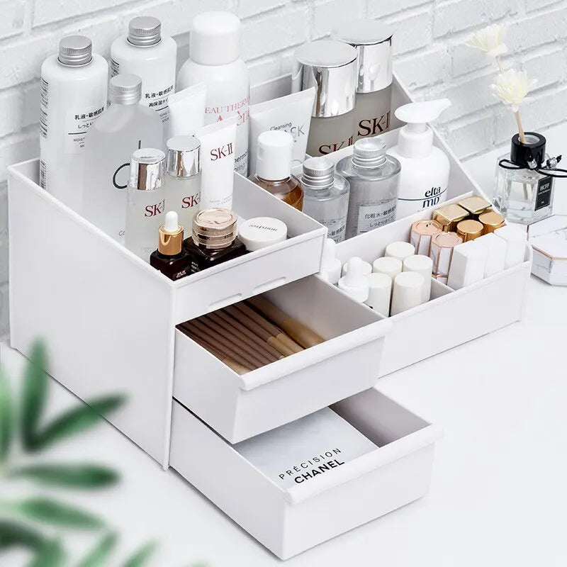 Makeup Organizer – White Cosmetic Storage Shelf with Drawer