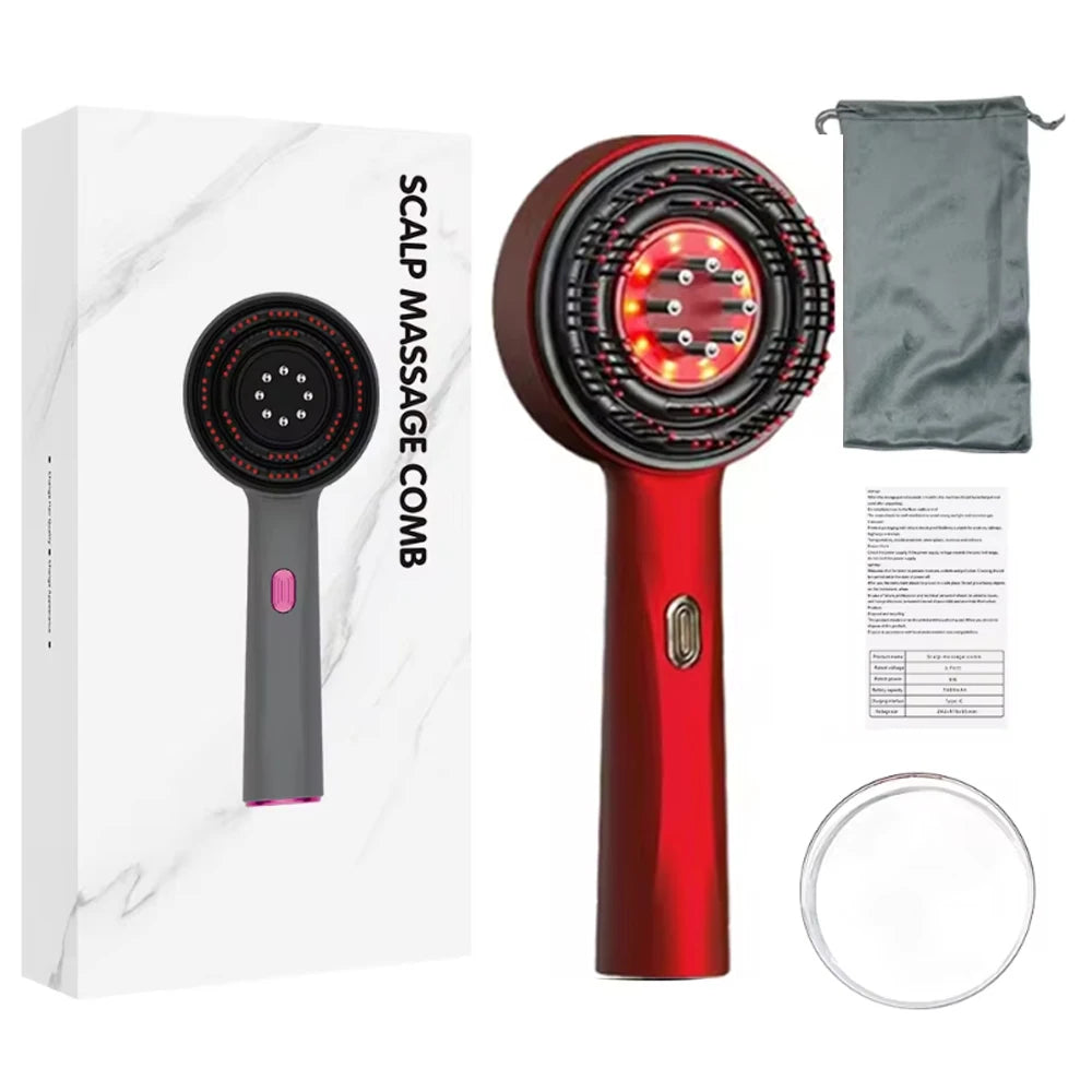 3-Mode Electric Scalp Massager with Red Light Therapy & Oil Applicator Comb