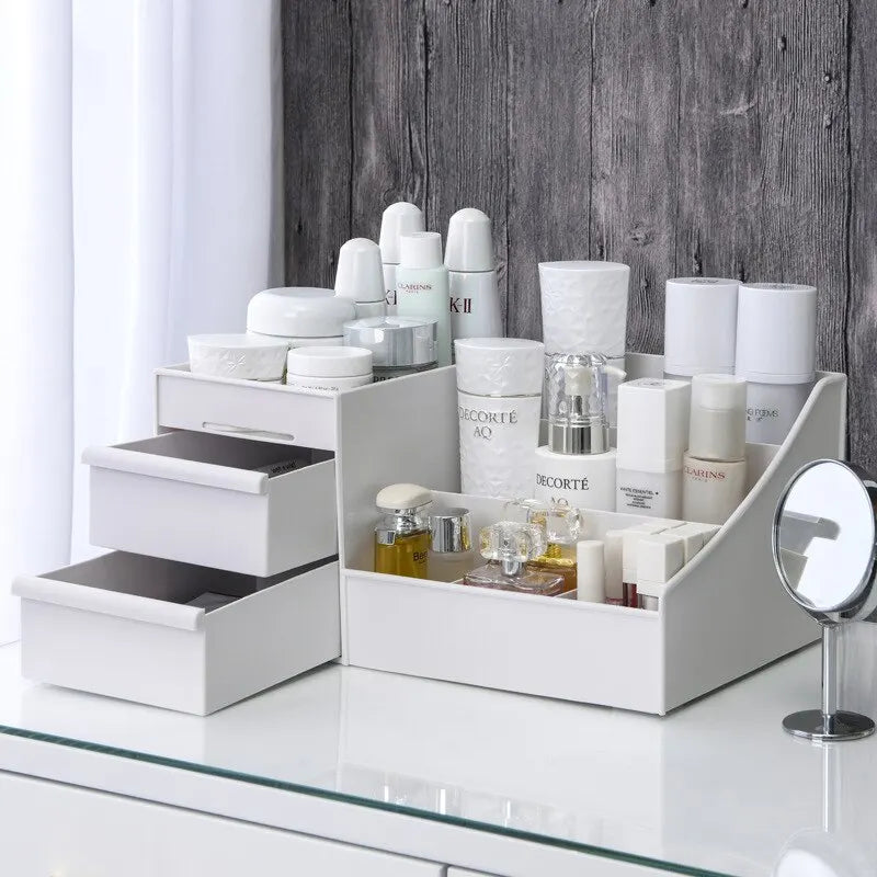 Makeup Organizer – White Cosmetic Storage Shelf with Drawer