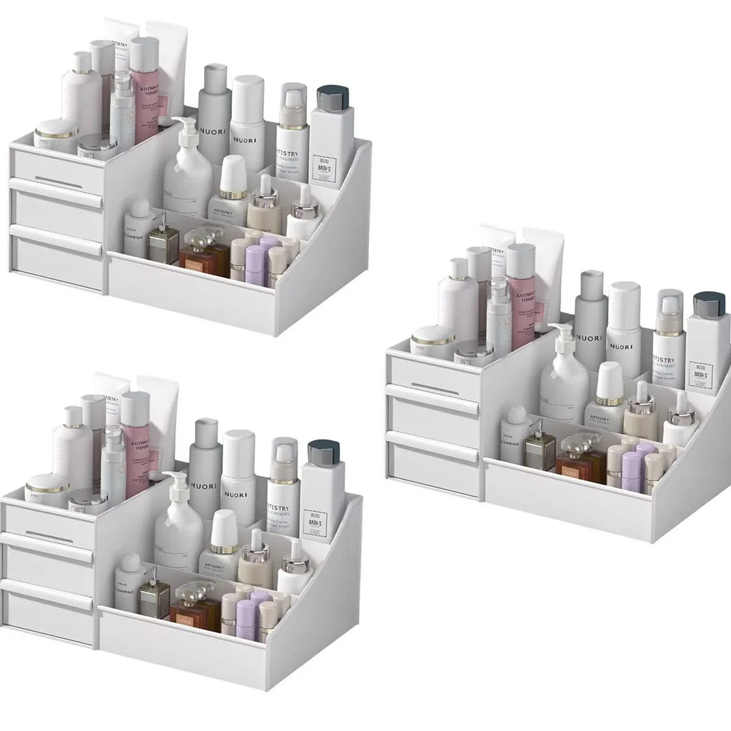 Makeup Organizer – White Cosmetic Storage Shelf with Drawer